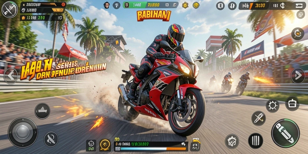 Tampilan gameplay yang mendebarkan dalam balapan motor.