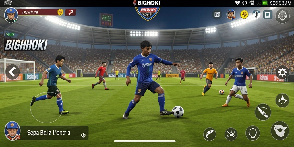 Screenshot gameplay BIGHOKI menampilkan aksi seru di lapangan sepak bola.
