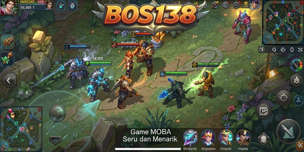 Screenshot utama menampilkan aksi pertarungan dalam permainan MOBA.