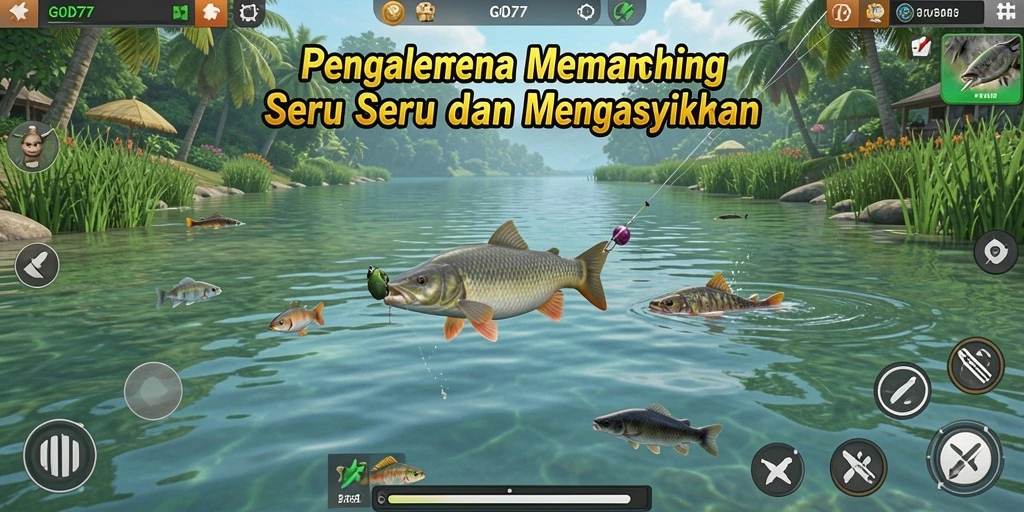 Screenshot utama GOD77 menampilkan pemain yang sedang menangkap ikan di danau indah.