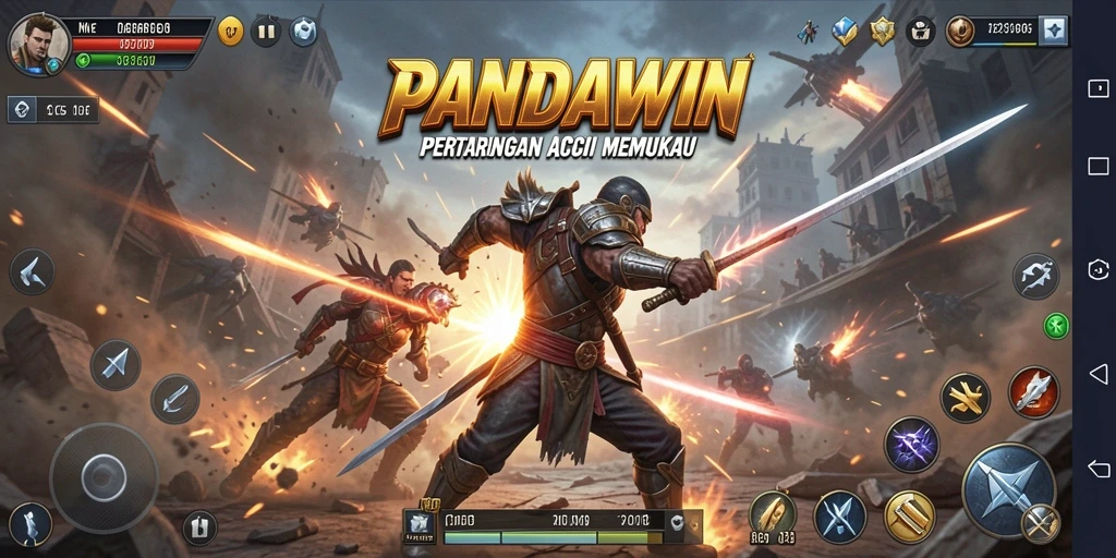Tangkapan layar utama menunjukkan pertempuran seru dalam PANDAWIN.