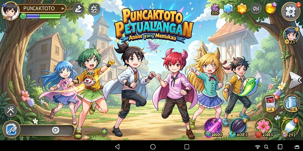 Menampilkan karakter dari PUNCAKTOTO dalam aksi petualangan anime.