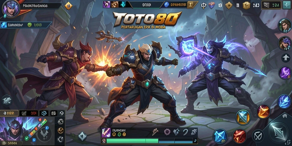 Screenshot utama TOTO80 menampilkan aksi pertempuran seru di arena MOBA.