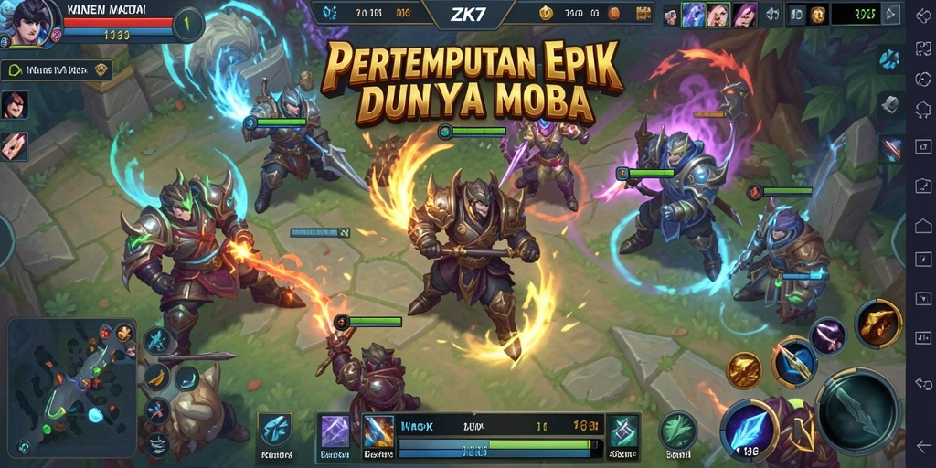 Screenshot aksi seru dalam pertempuran game ZK7 MOBA.